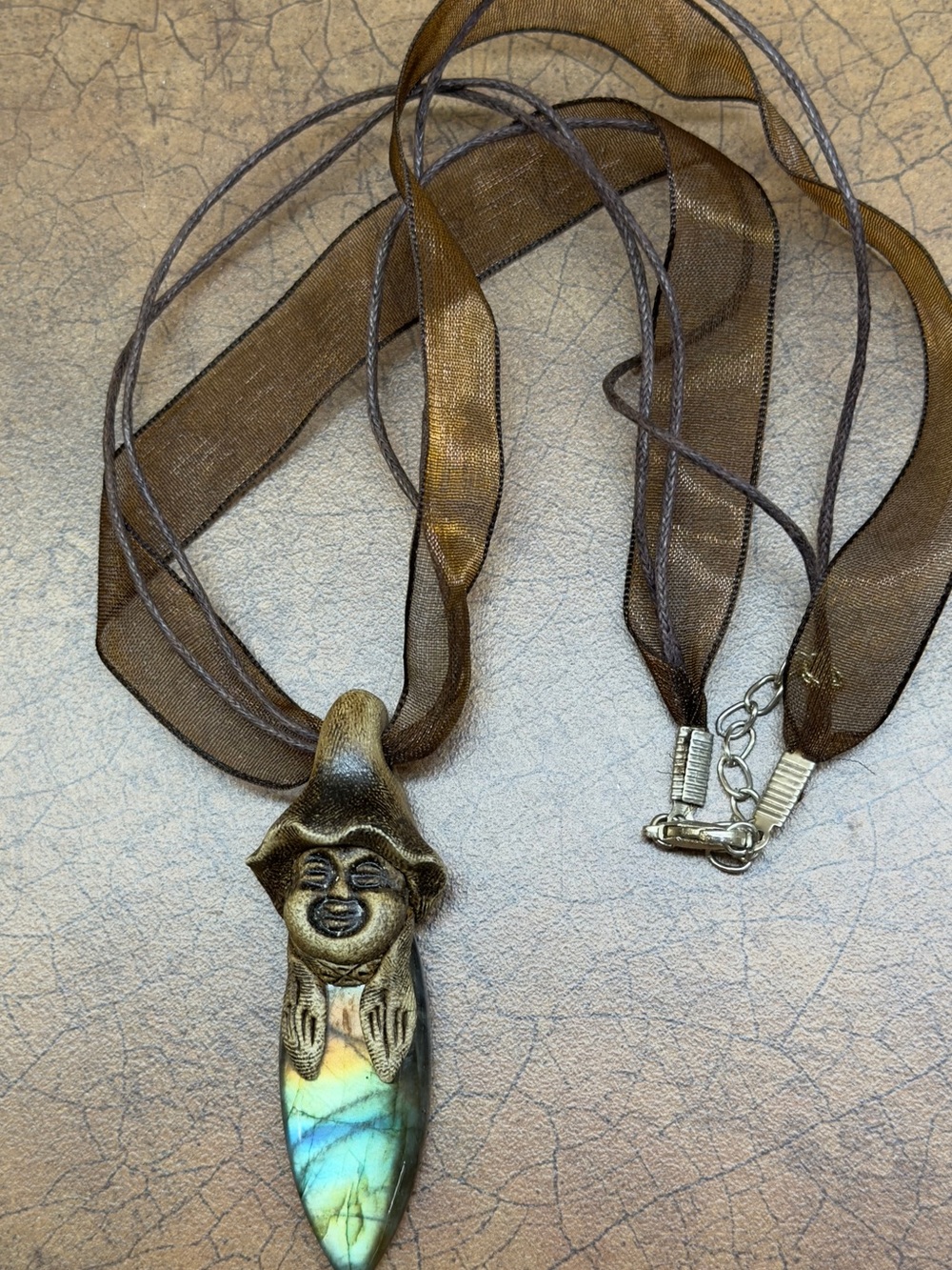 Handmade Brown Ribbon Necklace with Labradorite Pendant